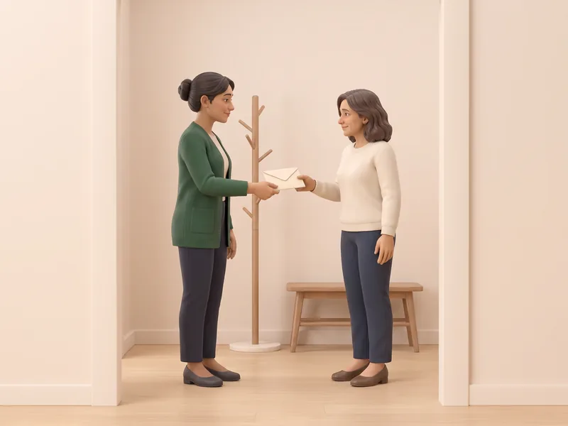 L'aide remet une enveloppe à la fille dans l'entrée.