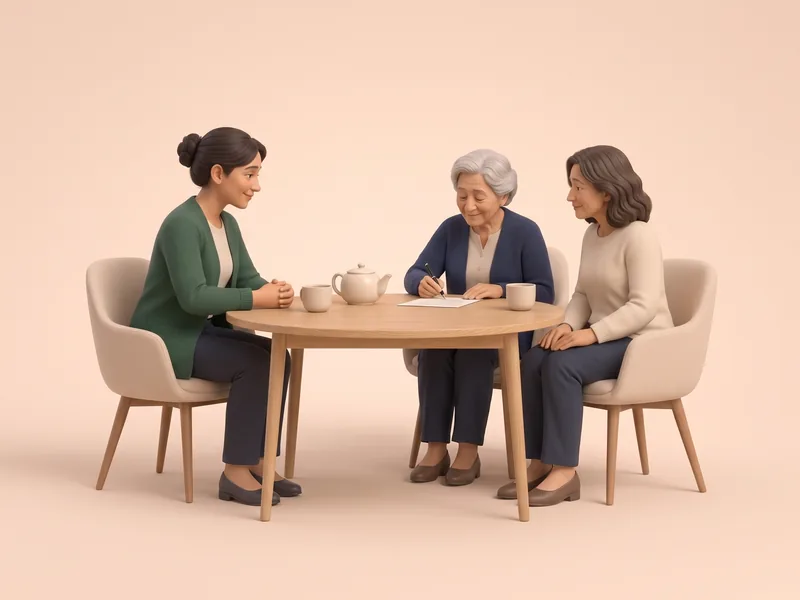 La mère signe le contrat à la table, avec l'aide à domicile et sa fille.