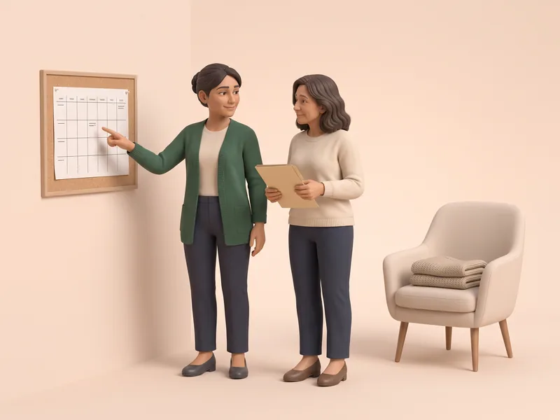 La fille et l'aide font le point devant le planning, près du fauteuil vide de la mère.
